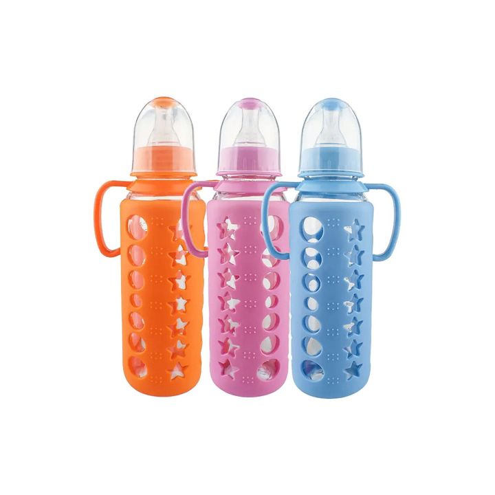 GLASS BABY FEEDING BOTTLES WITH SILICON SAFTY COVERS AND HANDLES