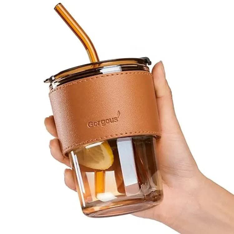 GLASS TUMBLER MUG WITH LID AND STRAW