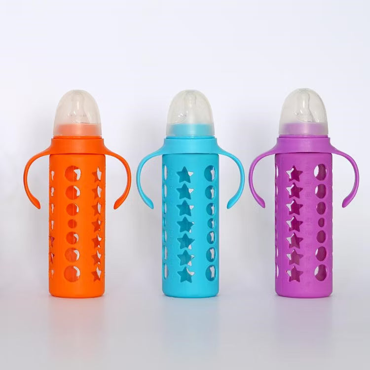 GLASS BABY FEEDING BOTTLES WITH SILICON SAFTY COVERS AND HANDLES