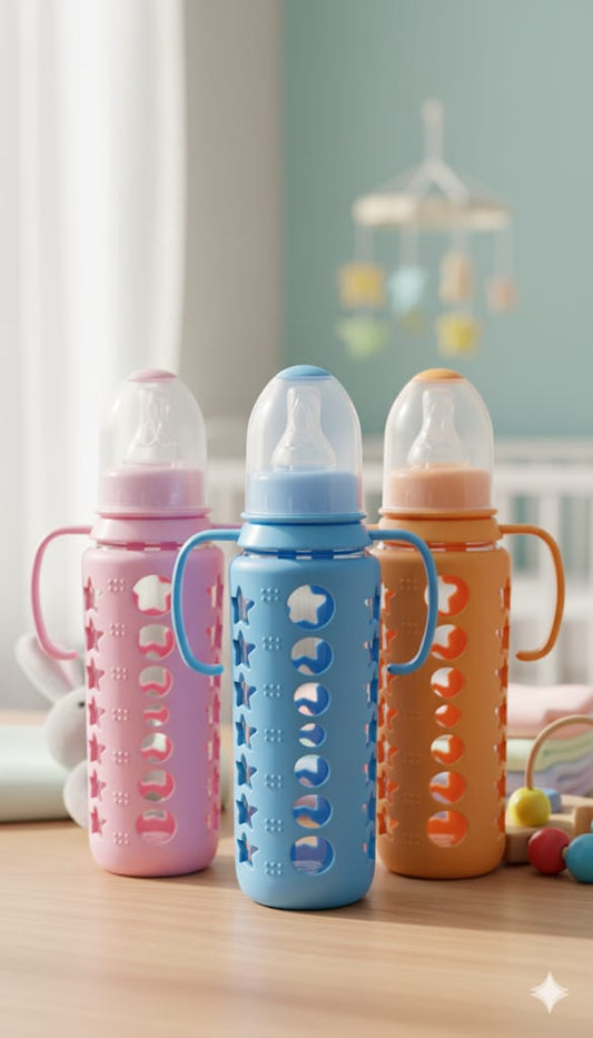 GLASS BABY FEEDING BOTTLES WITH SILICON SAFTY COVERS AND HANDLES