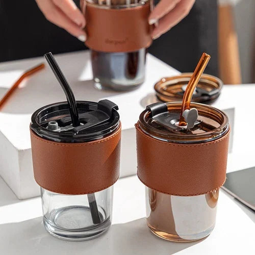 GLASS TUMBLER MUG WITH LID AND STRAW
